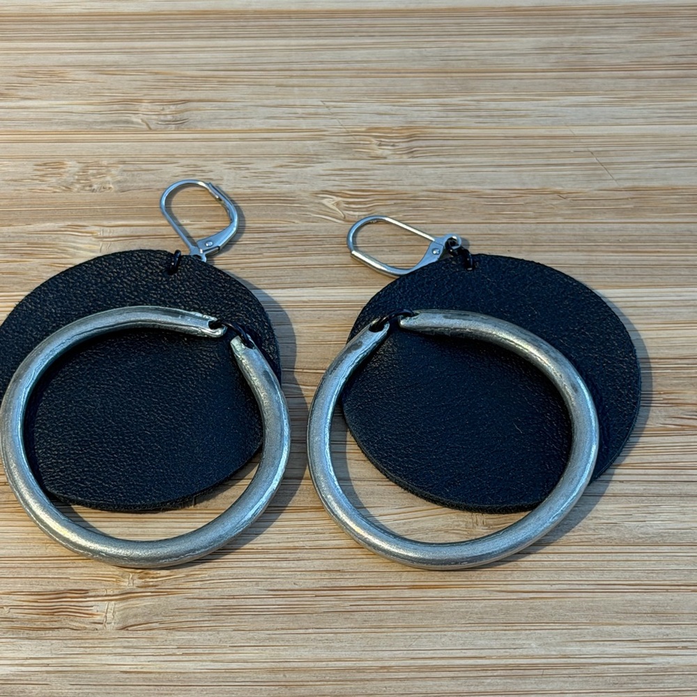 Black Leather Disc Earrings with Silver Hoop Detail - Women Jewelry